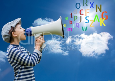 boy with megaphone with colour letters coming up from that