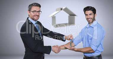 men Holding key with house icon and handshake in front of vignette