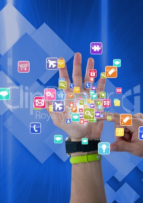 hand with application icons coming up from it. Technological background