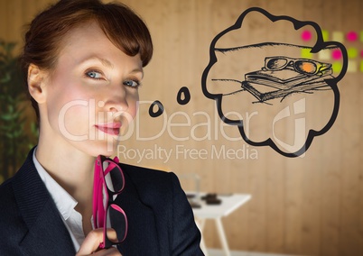 Close up of business woman dreaming of beach against blurry office