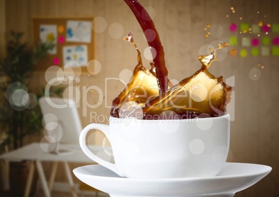 Cup with coffee being poured in and bokeh against blurry office