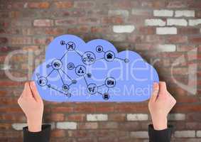 hands with cloud and application icons on it in front of a brick wall