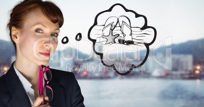 Business woman dreaming of beach against blurry skyline