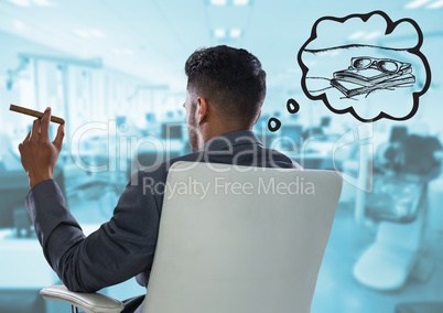 Back of business man in chair with cigar dreaming of holiday against blurry blue office