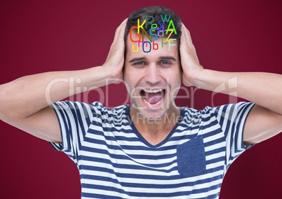 man shouting with colour letter on head