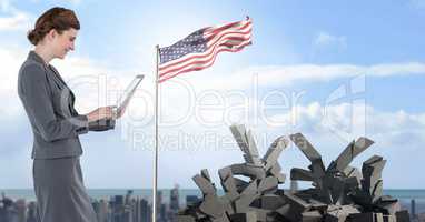 Broken concrete stone with Yen symbol and businesswoman with american flag in cityscape