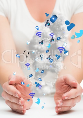 hands with blue application icons between two hands