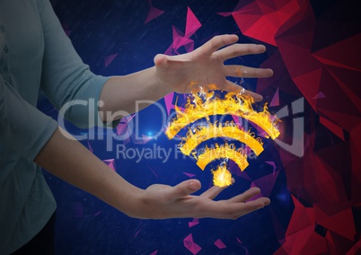 woman hands with WIFI fire icon between. Red and blue dark background