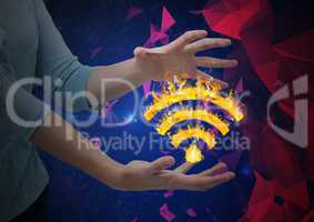 woman hands with WIFI fire icon between. Red and blue dark background