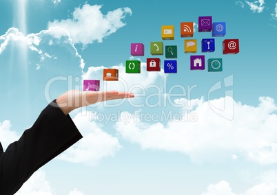 hand with application icons going out to fly on the sky
