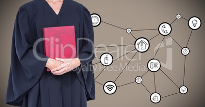 Judge with red book against interface and brown background