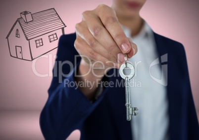 Woman Holding key with house drawing in front of vignette