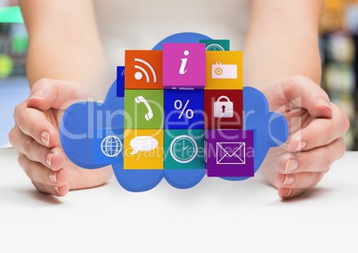 hands with application icons on a cloud  between