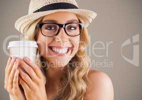 Close up of millennial woman with coffee against brown background