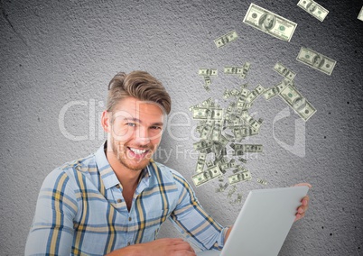 texting money. happy man with laptop,  money coming up from laptop
