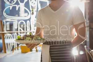 Mid section of waiter holding plate with salad in cafe