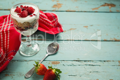 Cup of yogurt with raspberry and pomegranate