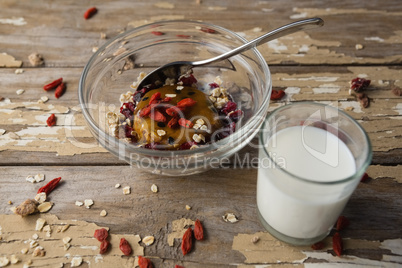 Breakfast cereals and milk on wooden table