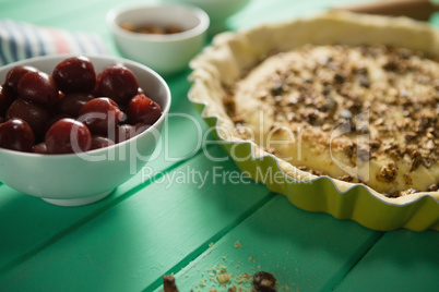 Close up of tart with olives
