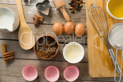 Overhead view of ingredients and utensils