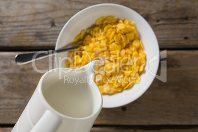 Milk being poured into bowl of wheaties cereal