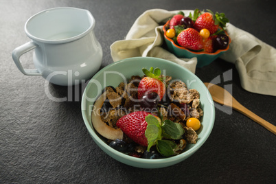 Bowl of breakfast cereals, fruits with spoon and milk