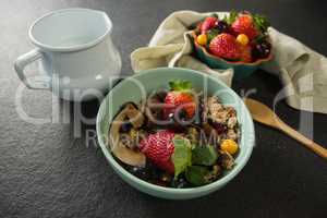 Bowl of breakfast cereals, fruits with spoon and milk