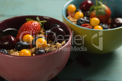 Bowls of breakfast cereals and fruits