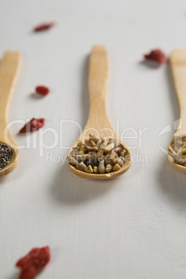 Various breakfast cereals in wooden spoon