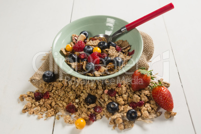 Bowl of breakfast cereals and fruits with spoon