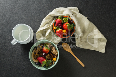 Bowl of breakfast cereals, fruits with spoon and milk