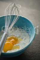 High angle view of egg and flour in bowl