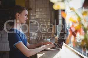Side view of woman using laptop in cafe
