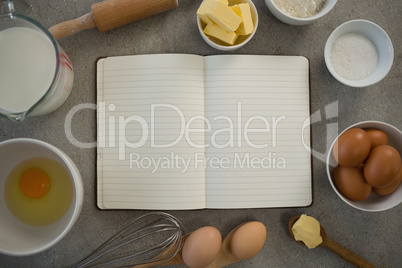 Overhead view of ingredients amidst open book