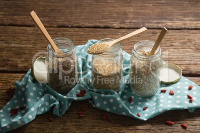 Three jars with various grains