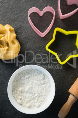 Overhead view of moulds flour and dough