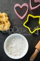 Overhead view of moulds flour and dough