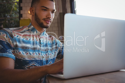 Young man using laptop in cafe