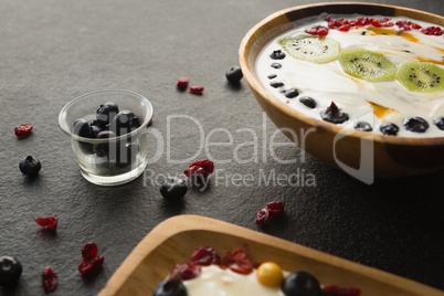 Yogurt and fruits in plate