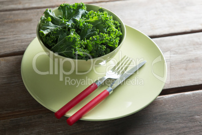 Kale in bowl on plate over table