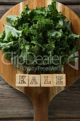 Kale leaves with text blocks on cutting board at table
