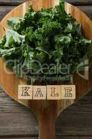 Kale leaves with text blocks on cutting board at table