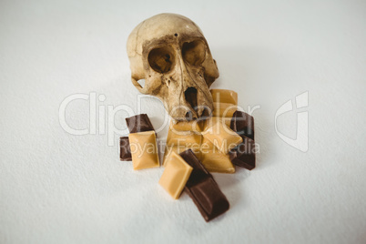 High angle view of human skull with chocolate bars