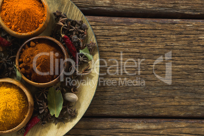 Various type of spices in plate on wooden table