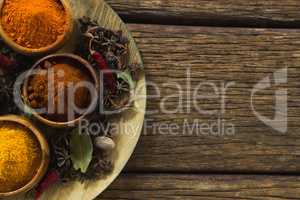 Various type of spices in plate on wooden table