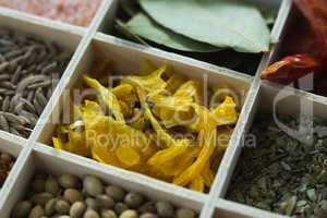 Various spices arranged in tray