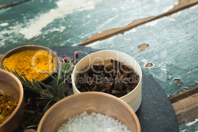 Various spices arranged in board