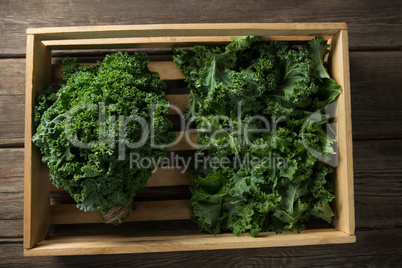 Overhead view of kale in crate on table