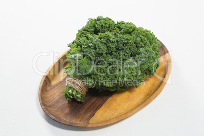 High angle view of fresh kale bundle in wooden plate