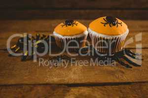 Close up of cup cakes with artificial spider